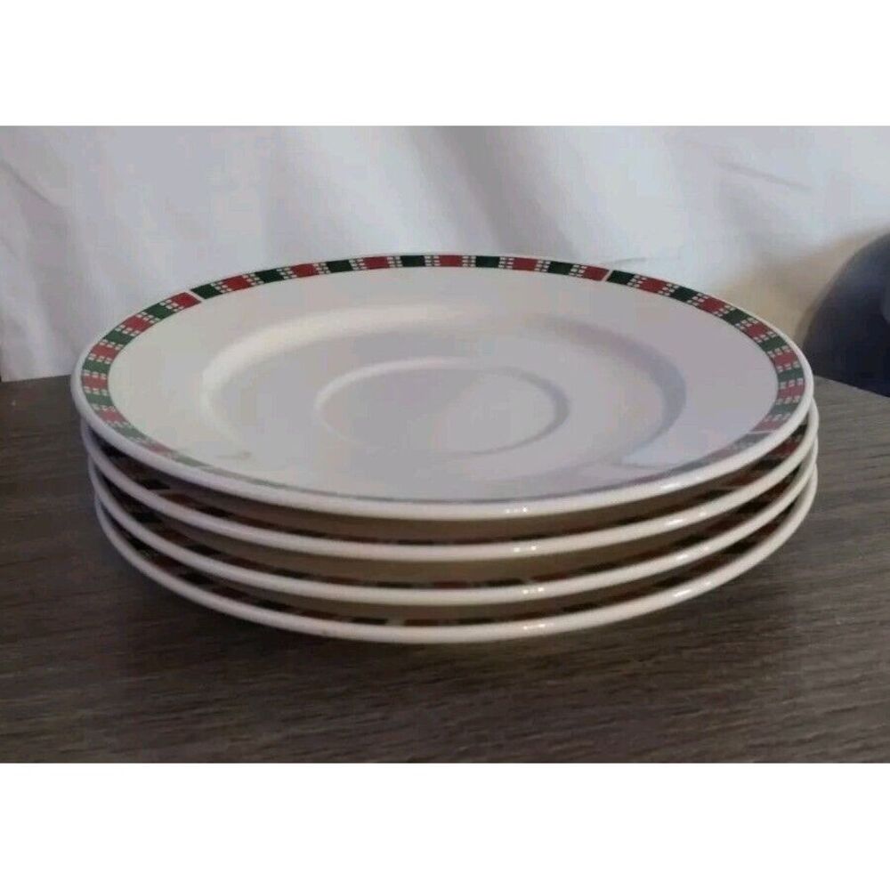 Stoneware Home Essentials Christmas Saucer Plates Tartan Ribbon Set Of 4